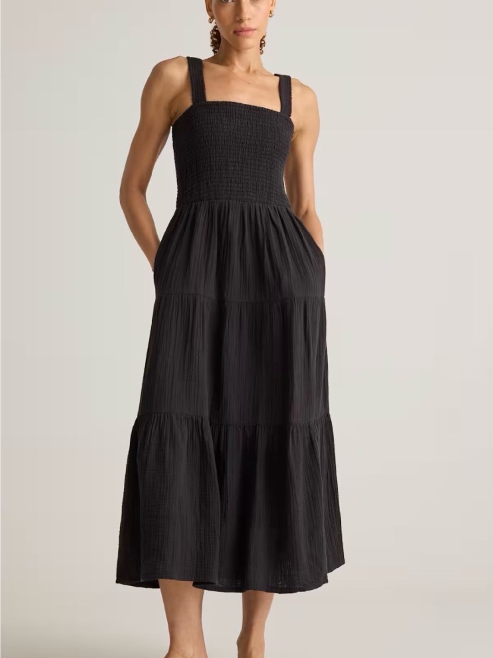 Quince Black Smocked Strap Tiered Maxi Dress